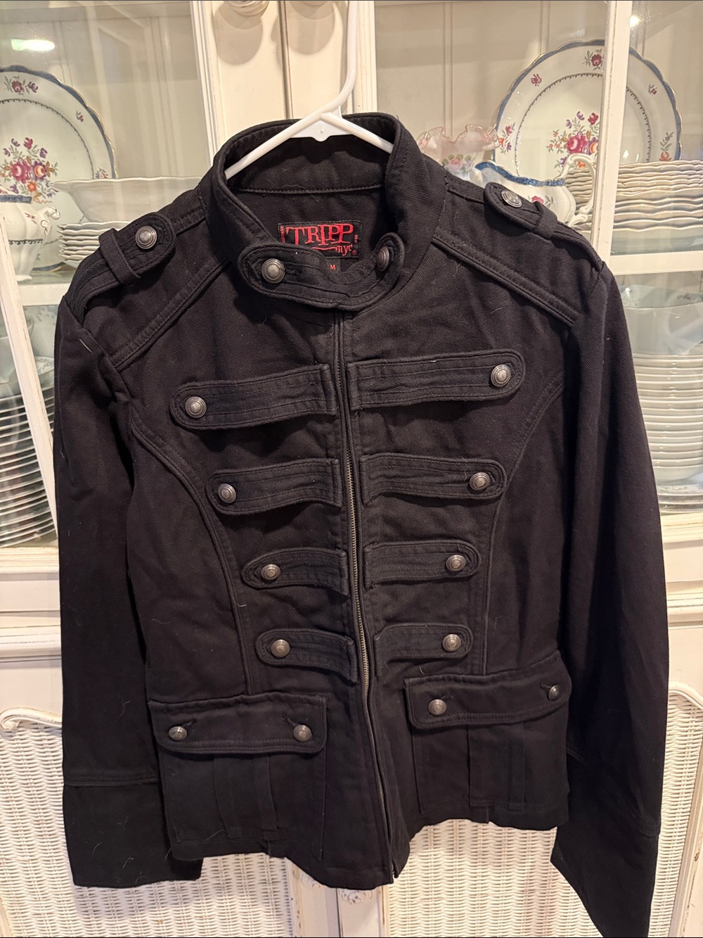Vintage Y2K Gothic Military Tripp black Denim JACKET full zip Medium Band